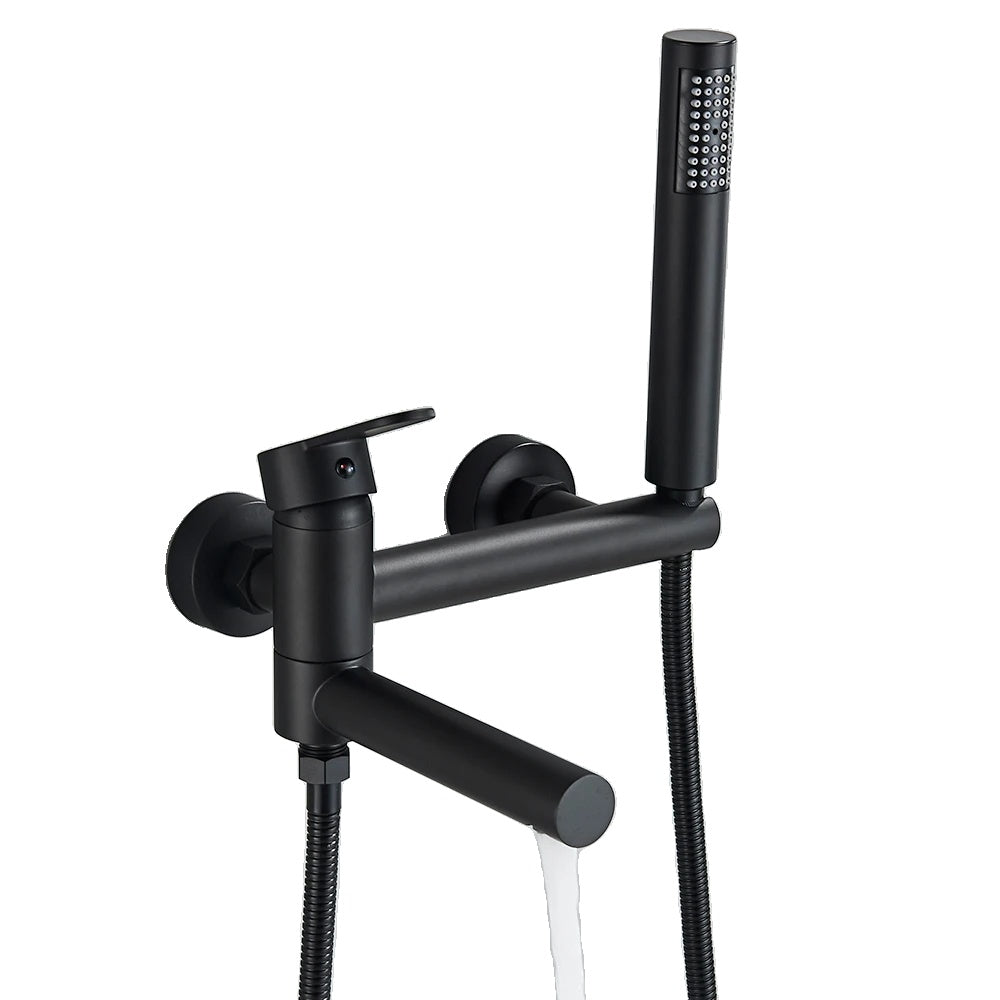 Schwarzer Badewannenhahn, schwenkbarer Wannenauslauf, Wandmontage, Komplettset