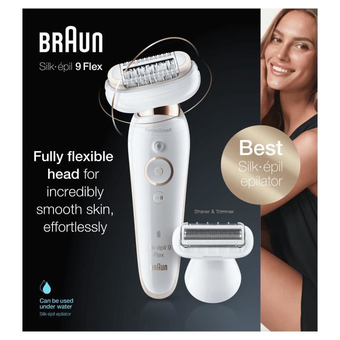 Braun Silk-épil 9 Flex 9-002 Elektrischer Epilierer für Frauen – Flexibles Haar – Micro-Grip 40 Pinzetten – SensoSmart – Weiß/Gold