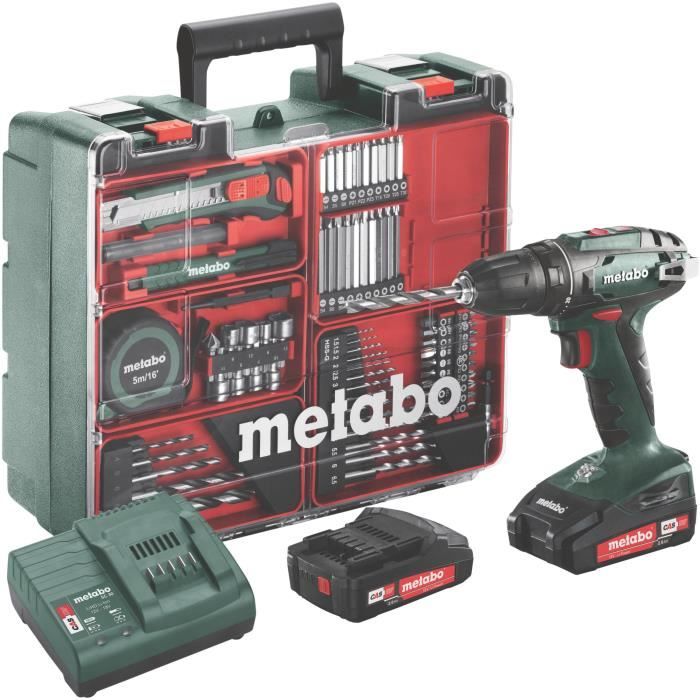 METABO Bohr-/Schroefmaschine mit 2 18 V 2 Ah Li-Ionen-Akkus und 73 Zubehörteilen