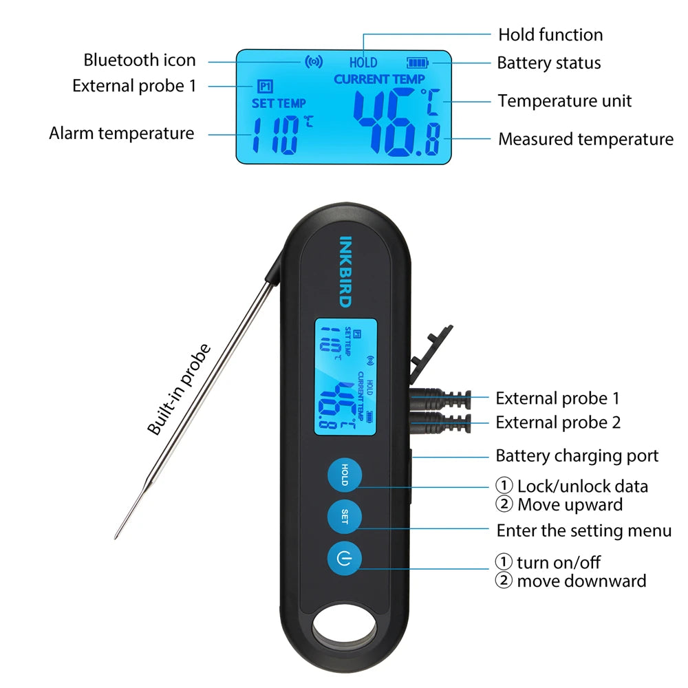 Digitales Fleischthermometer, 2 Sek. schnelle Anzeige, Bluetooth