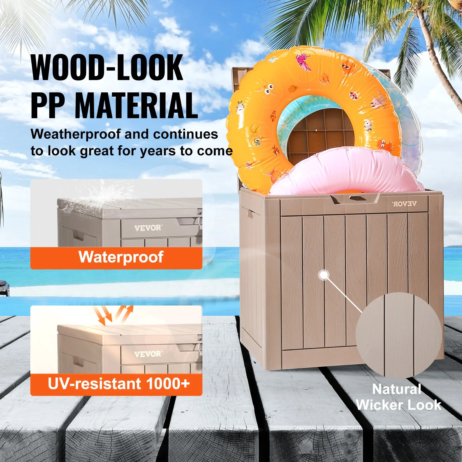 Aufbewahrungsbox für den Außenbereich, 117 l Fassungsvermögen, wasserdicht, Vorhängeschloss aus Aluminiumlegierung, 56 x 43 x 53 cm