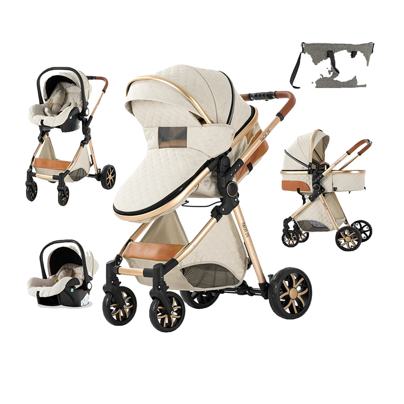 Kinderwagen, 3-in-1-Design, leicht und mit vier Rädern ausgestattet.