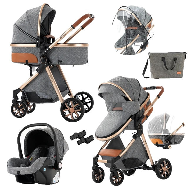 Kinderwagen, 3-in-1-Design, leicht und mit vier Rädern ausgestattet.