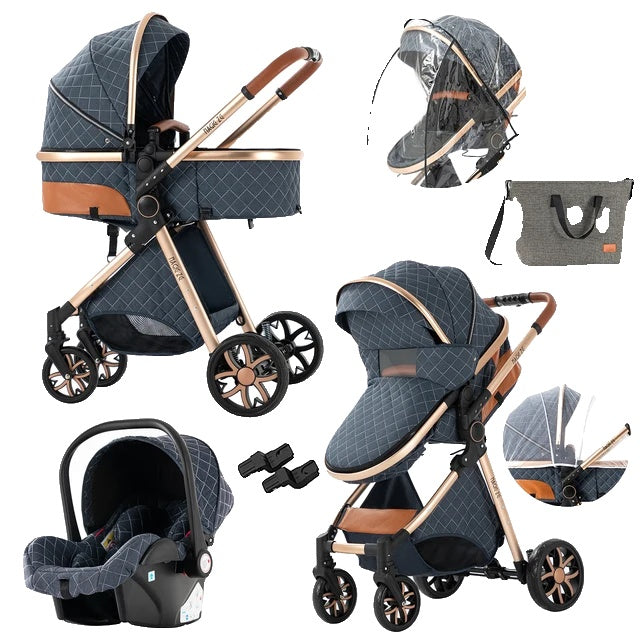 Kinderwagen, 3-in-1-Design, leicht und mit vier Rädern ausgestattet.