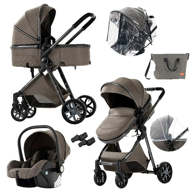 Kinderwagen, 3-in-1-Design, leicht und mit vier Rädern ausgestattet.