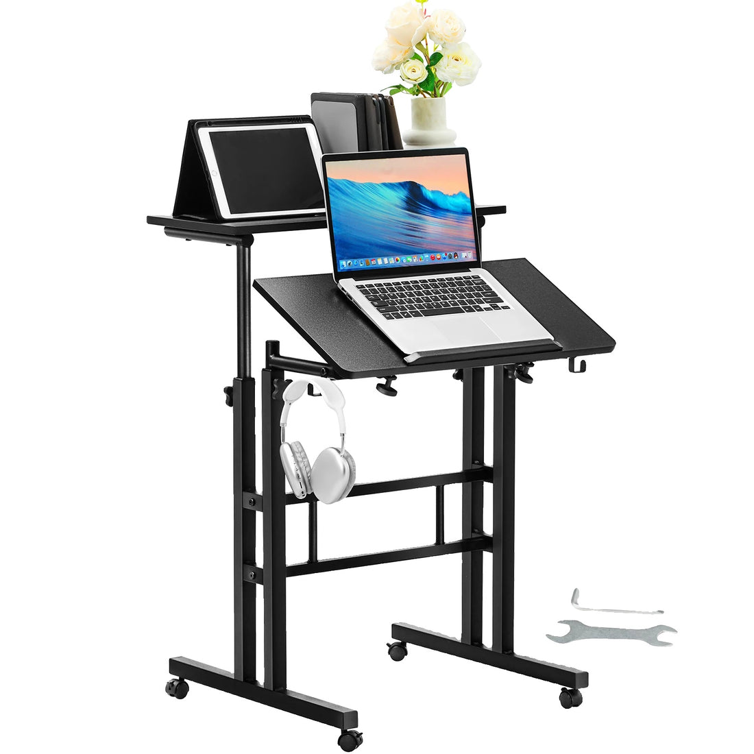 Height Adjustable Sit-Stand Desk, Gas-Spring Mechanism, 360° Swivel Wheels