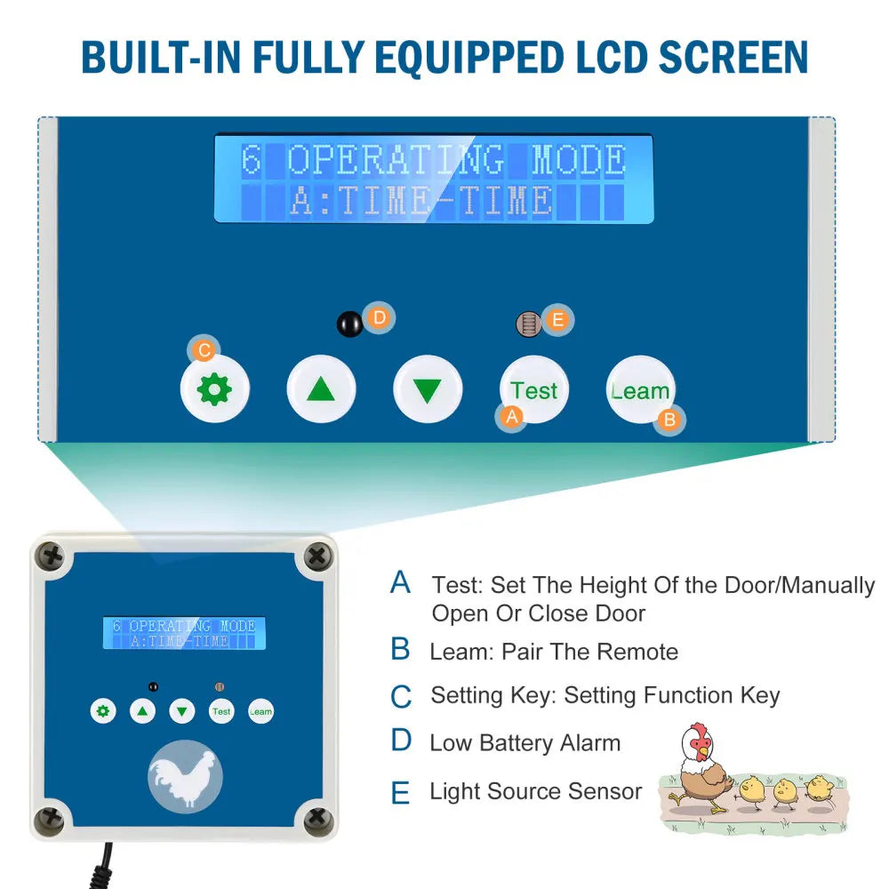 Hühnerstalltür, Timer & Lichtsensor, LCD-Bildschirm