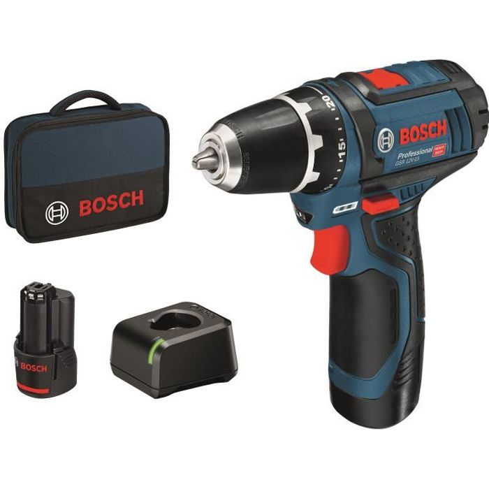 BOSCH PROFESSIONAL Akkuschroefmachine 12V GSR 12V-15, 2 x 2.0Ah + Lader 1230, in einer Tasche