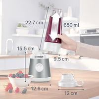 Mini Blender BOSCH VitaPower Serie 2 MMB2111T - 0,8 L mengkom - 4 scherpe roestvrijstalen messen - Hoge mix snelheid - Zilver