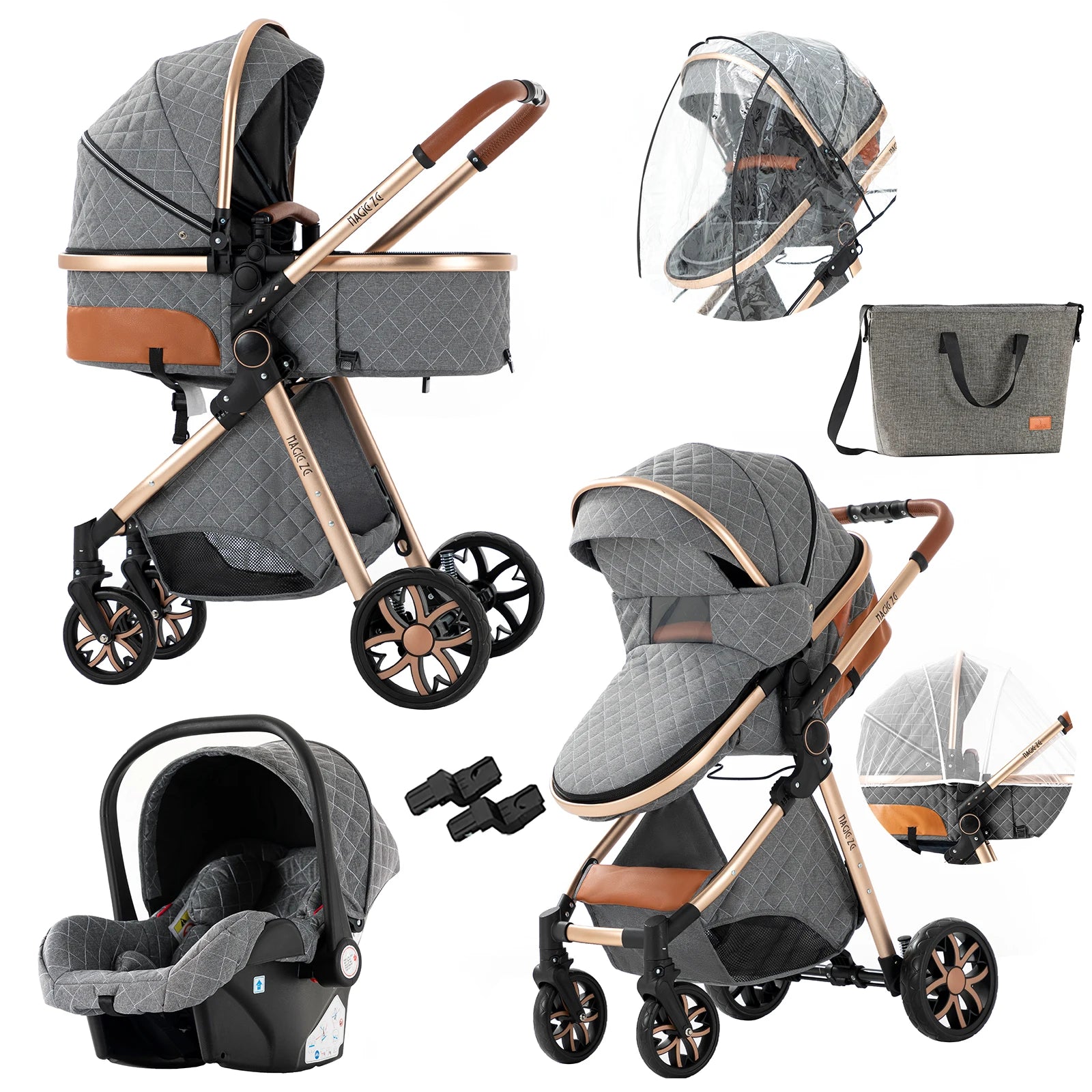 Kinderwagen, 3-in-1-Design, leicht und mit vier Rädern ausgestattet.