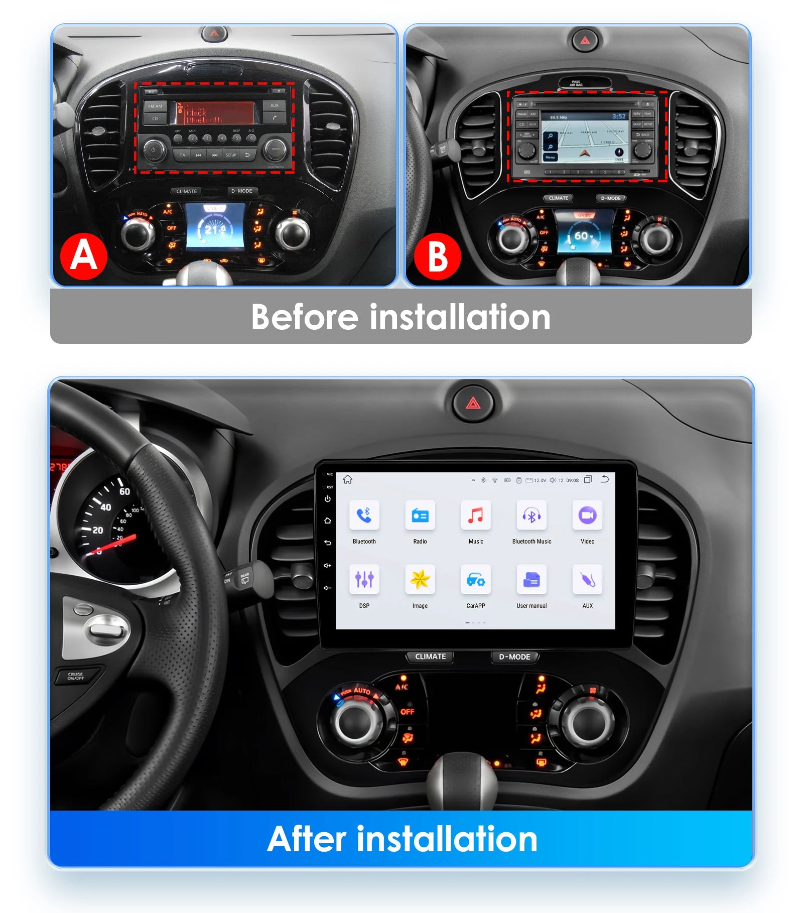 Autoradio Android, Nissan JUKE 2010-2014, Carplay AI Sprachsteuerung