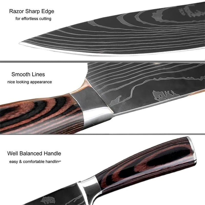 Kitchen Knife Set, Laser Damascus Pattern, Japanese Santoku Knife