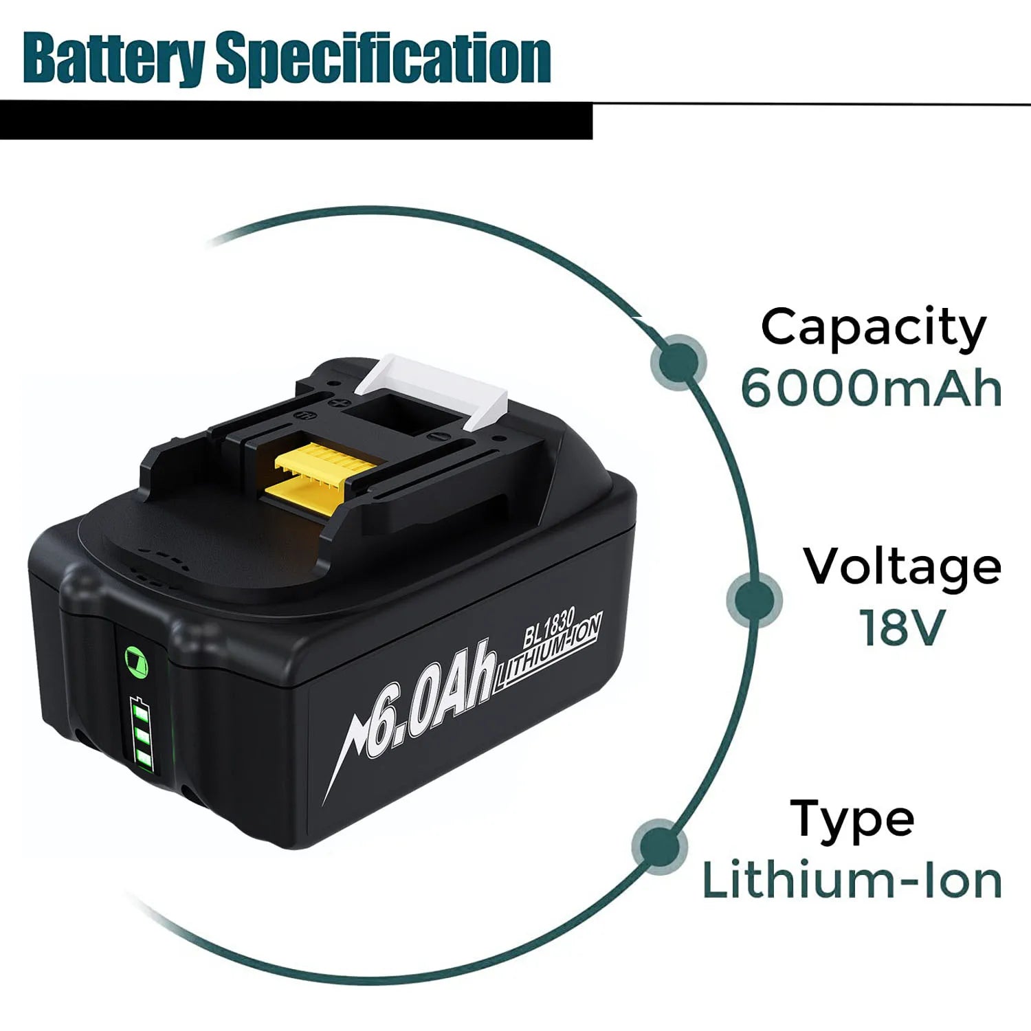 Makita 18V Batterij, 6Ah Capaciteit, Compatibel met LXT BL1860B