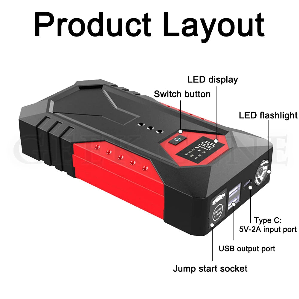 Auto Jumpstarter, 1200A piekstroom, 18000mAh Powerbank