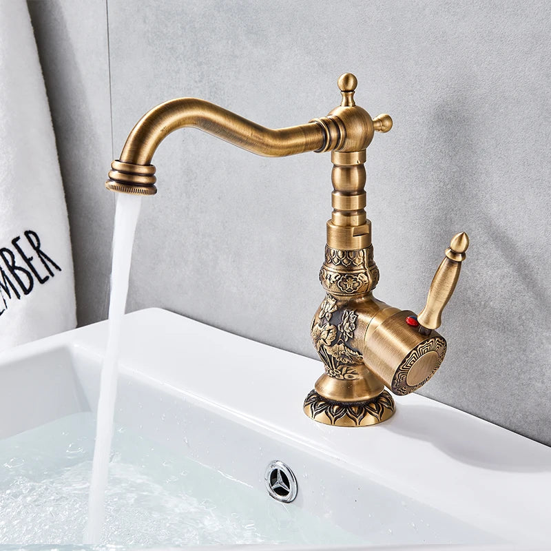 Bathroom Basin Faucet, Antique Brass, 360 Rotation