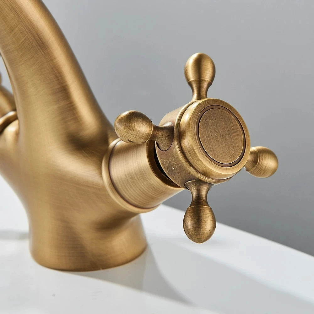 Bathroom Basin Faucet, Antique Brass, Dual Handles