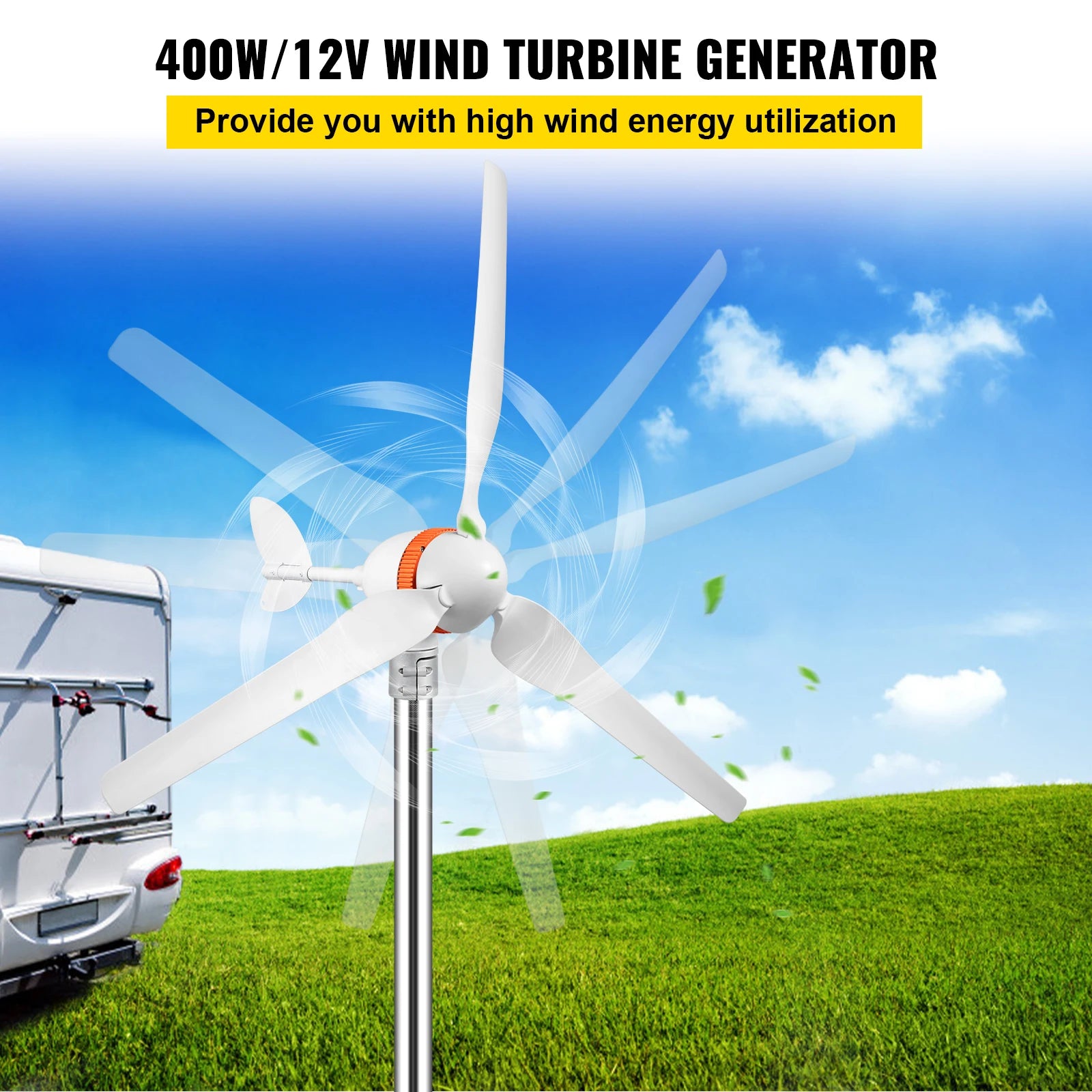 Wind Turbine Generator, 12V/AC, 400W Power Output, Terrace and Marine Use