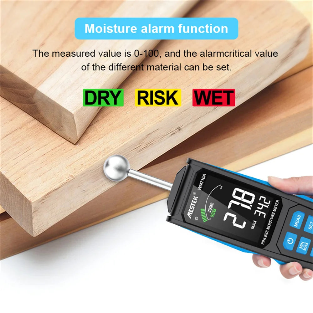 Holzfeuchtemessgerät, zerstörungsfreie Messung, automatische Erkennung des feuchtesten Holzes.