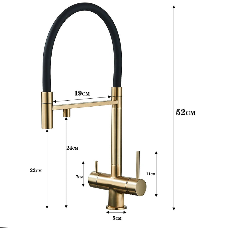 Keuken Waterfilter Kraan, Geborsteld Goud Afwerking, Dubbele Uitloop Rotatie