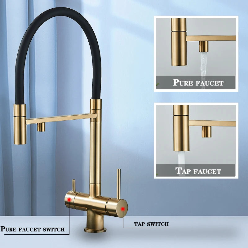 Keuken Waterfilter Kraan, Geborsteld Goud Afwerking, Dubbele Uitloop Rotatie