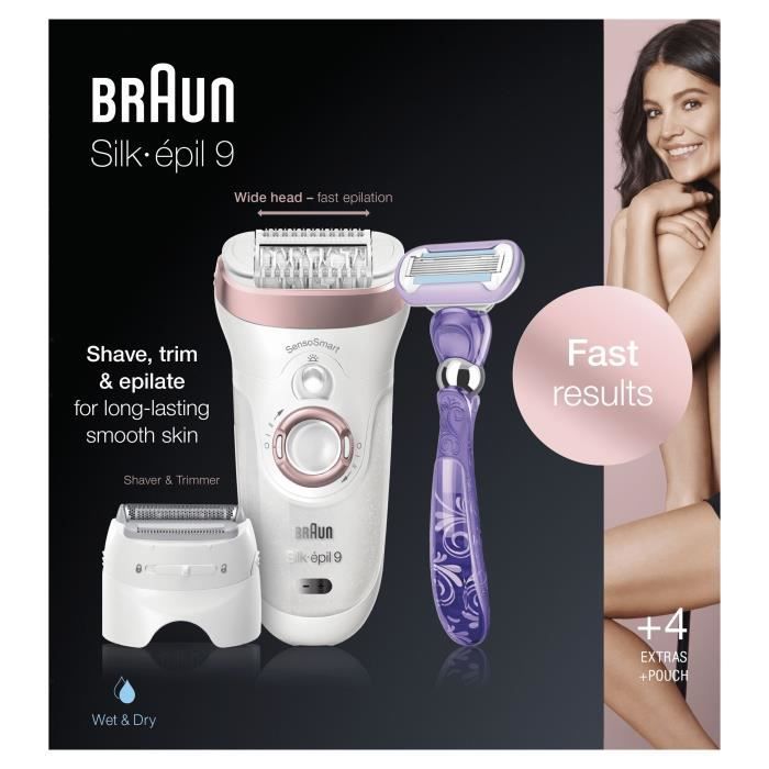 BRAUN Silk-epil 9 9/870 SensoSmart Electric Epilator - 7 accessories - Gold and pink