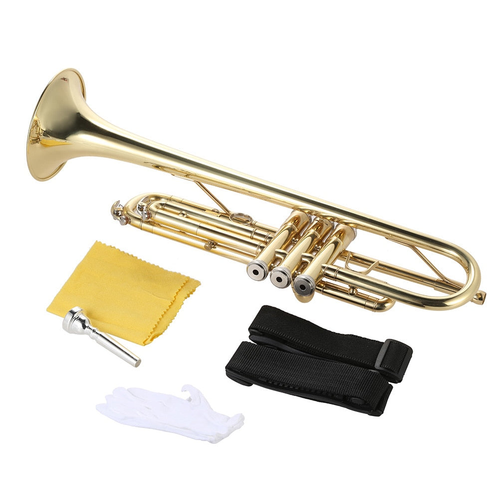 Trumpet, Flat Brass, Gold Painted Musical Instrument, Includes Mouthpiece - Gloves - Strap - Case