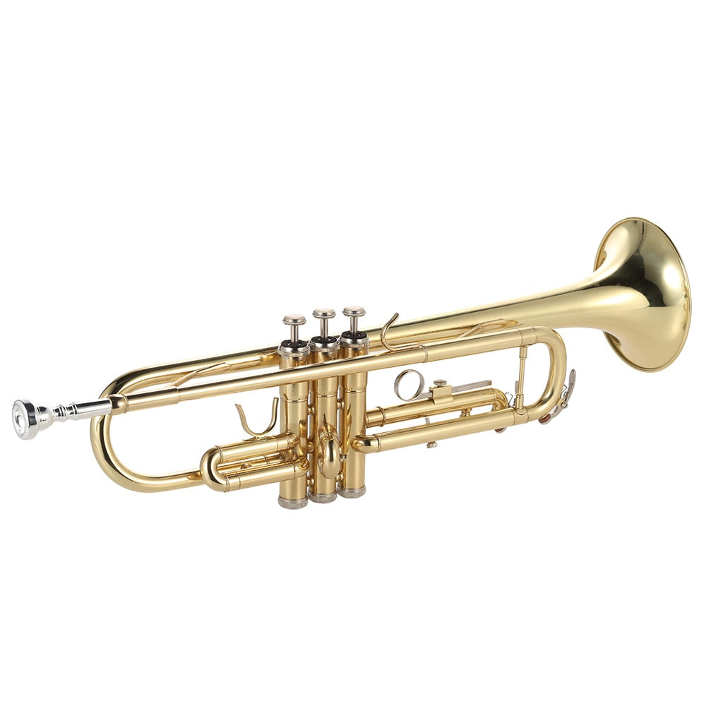 Trumpet, Flat Brass, Gold Painted Musical Instrument, Includes Mouthpiece - Gloves - Strap - Case