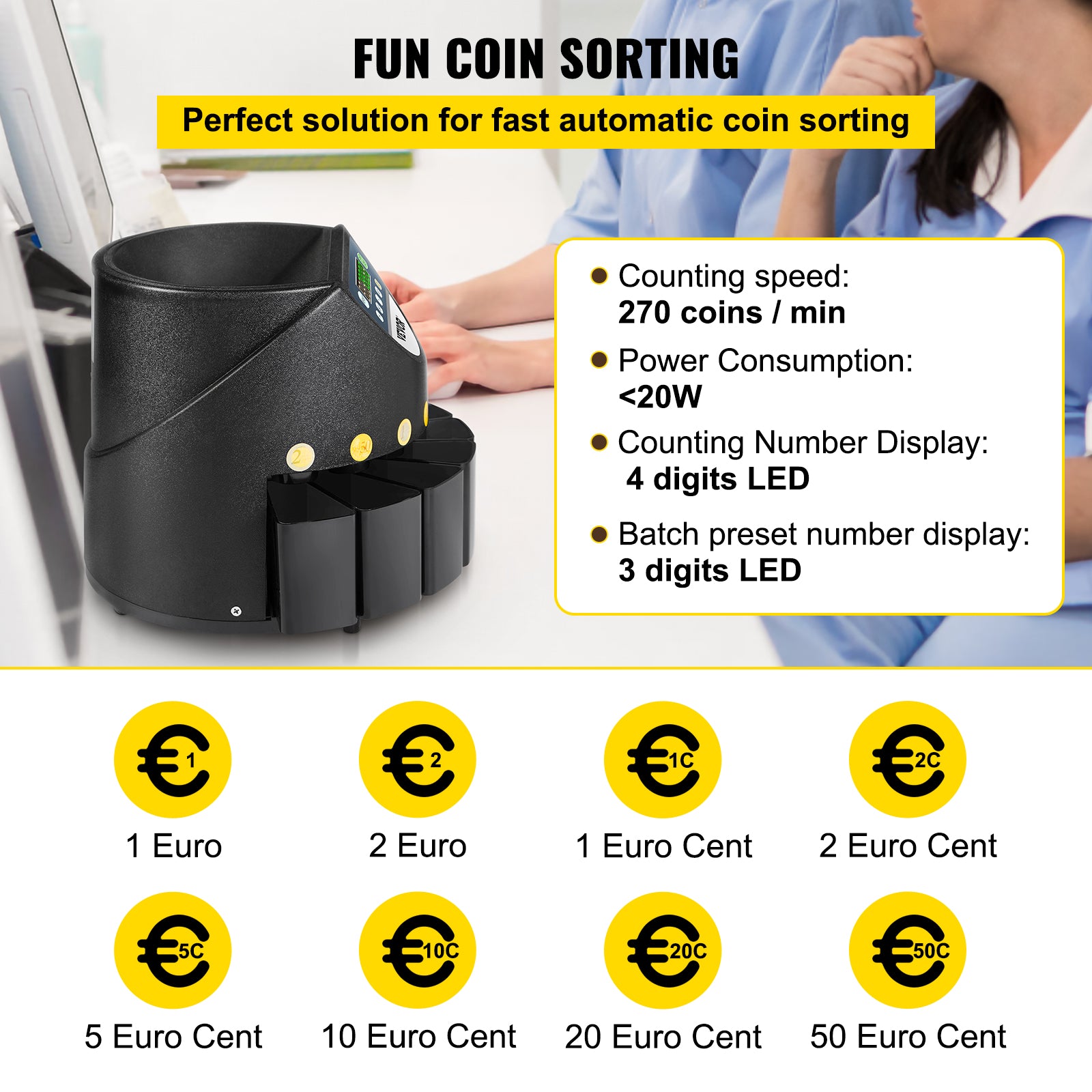 EUR-Münzsortiermaschine und -zähler – 300 Münzen/Min., 500 Ladekapazität