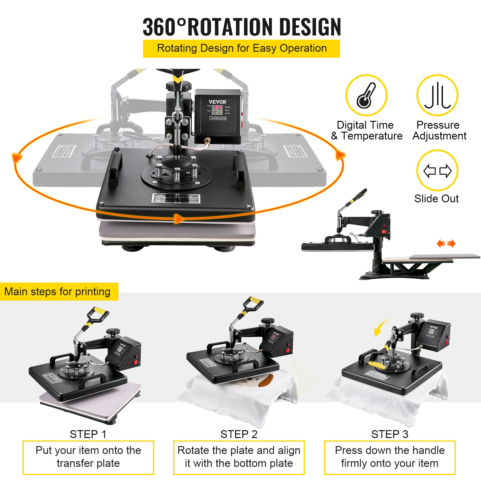 Heat Press Machine, 360° Swing Away, Accurate Temperature Control