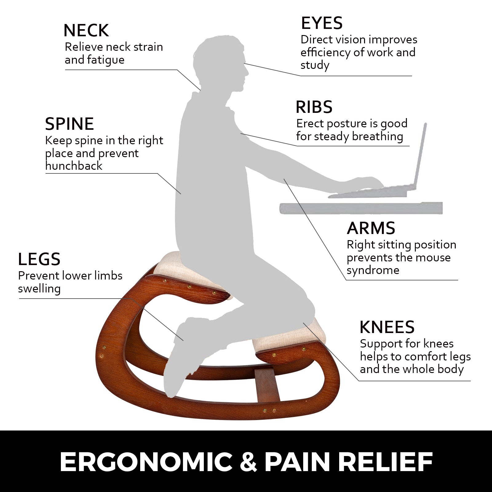 Ergonomischer Kniestuhl – natürliches Birkenholz, 100 kg belastbar,